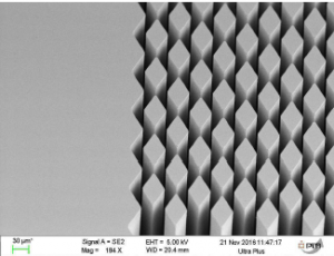 Structuration d'un micro-régénérateur par des motifs en losange, au cœur d'un microcanal. La barre d'échelle vaut 30 µm.