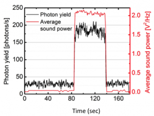 Corrélation entre l'émission lumineuse due à la chimiluminescence du luminol (courbe noire) et le bruit acoustique créé par l'implosion des bulles de cavitation.